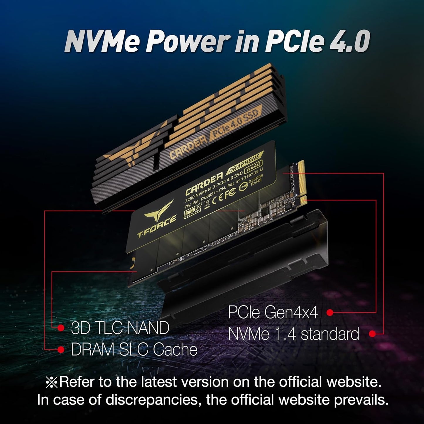 T-Force CARDEA A440 Graphene & Aluminum Heatsink 2TB with DRAM SLC Cache 3D NAND TLC Nvme Pcie Gen4 X4 M.2 2280 Gaming Internal SSD Read/Write 7,000/6,900 Mb/S TM8FPZ002T0C327
