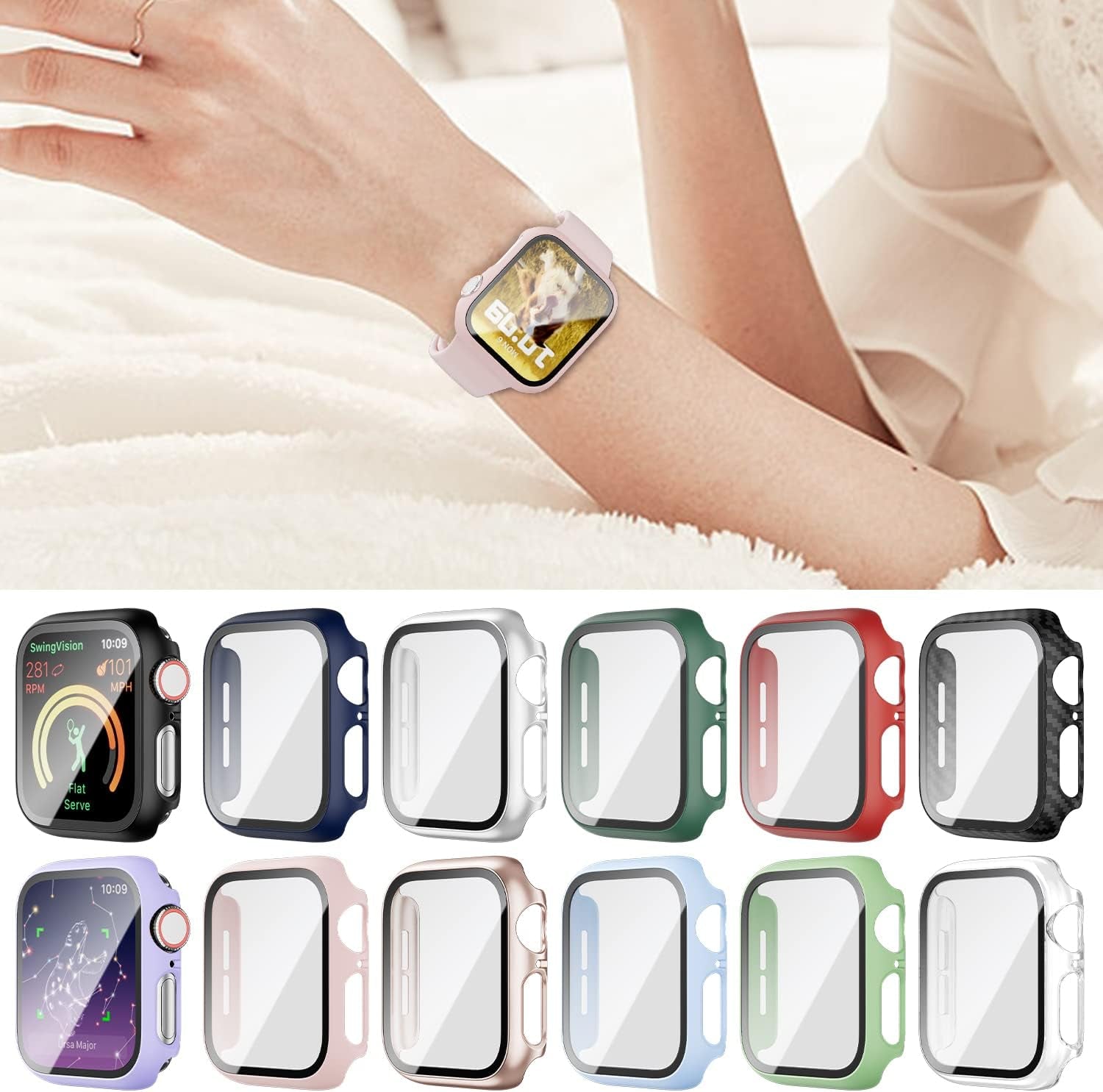 12 Pack Case Compatible for Apple Watch 44Mm Series 6/5/4/SE with Tempered Glass Screen Protector,  Full Hard Ultra-Thin Scratch Resistant Bumper Protective Cover for Iwatch Accessories